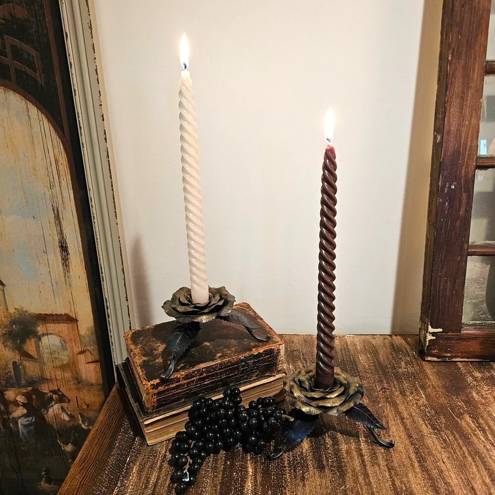 Vintage Brass Rose Candle Holders Handcrafted Metal Flowers Signed 2005